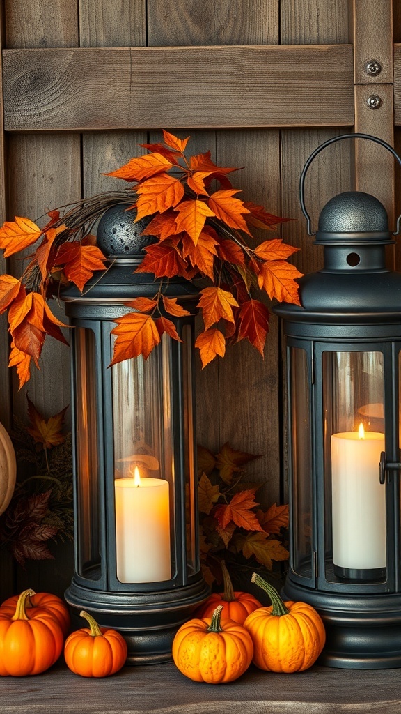 Vintage lanterns with candles surrounded by fall leaves and pumpkins