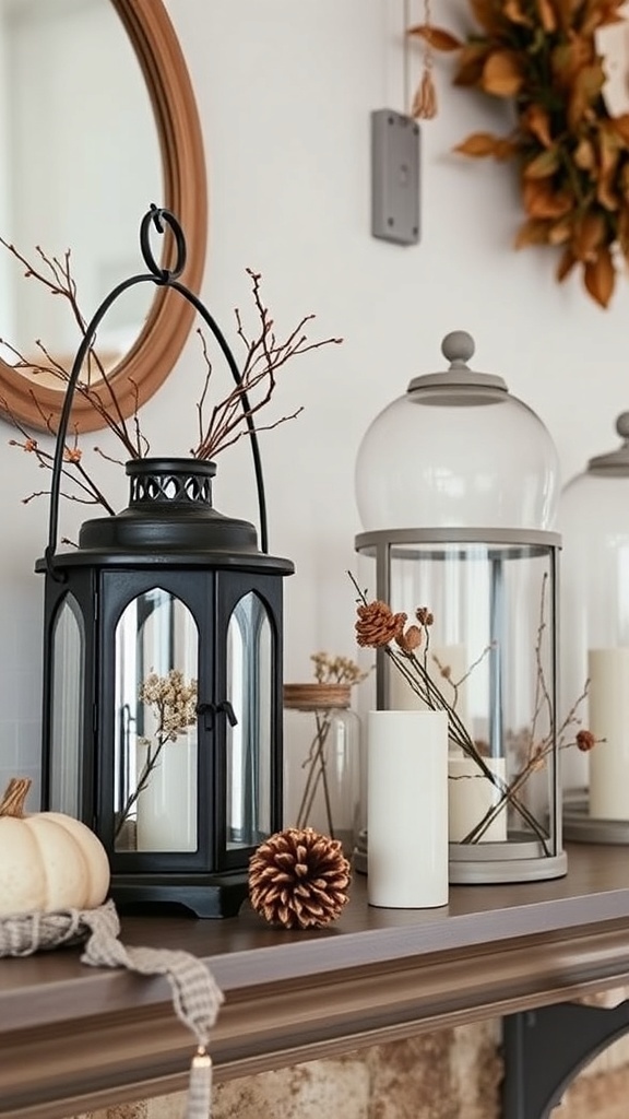 A cozy fall mantel featuring vintage lanterns, dried branches, pinecones, and small pumpkins.