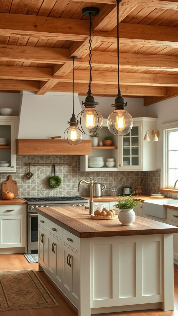 A cozy English farmhouse kitchen featuring vintage lighting fixtures.