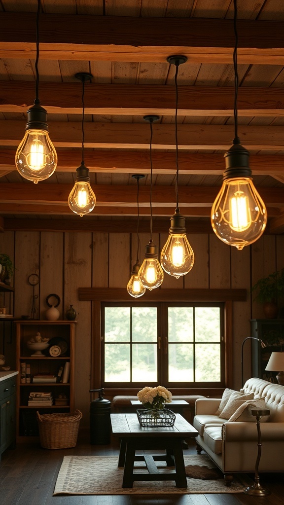 Vintage lighting fixtures in an old farmhouse living room.