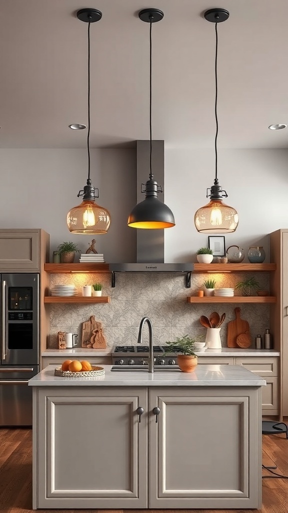 A modern farmhouse kitchen featuring vintage lighting fixtures above the island.