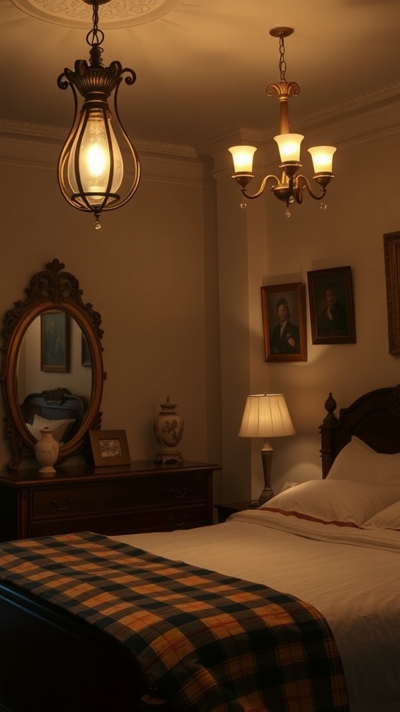 A vintage bedroom featuring elegant lighting fixtures, including a chandelier and a pendant light, creating a warm atmosphere.