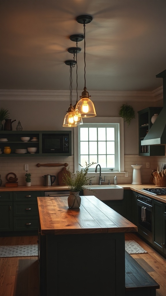 A cozy farmhouse kitchen with vintage lighting fixtures hanging above a wooden island.