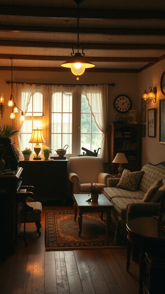 A cozy vintage cottage living room with various lighting fixtures.