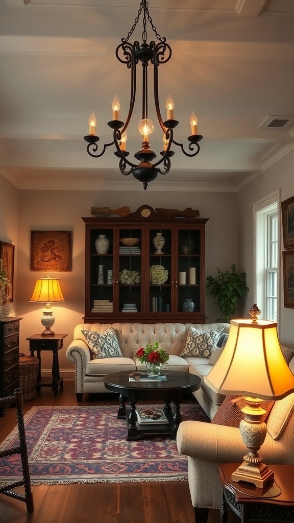 A vintage farmhouse living room featuring a chandelier and table lamps.
