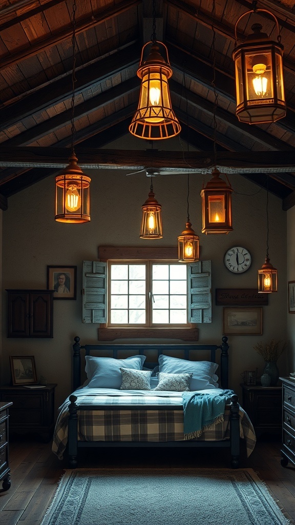 A rustic bedroom featuring vintage lighting fixtures hanging from the ceiling.