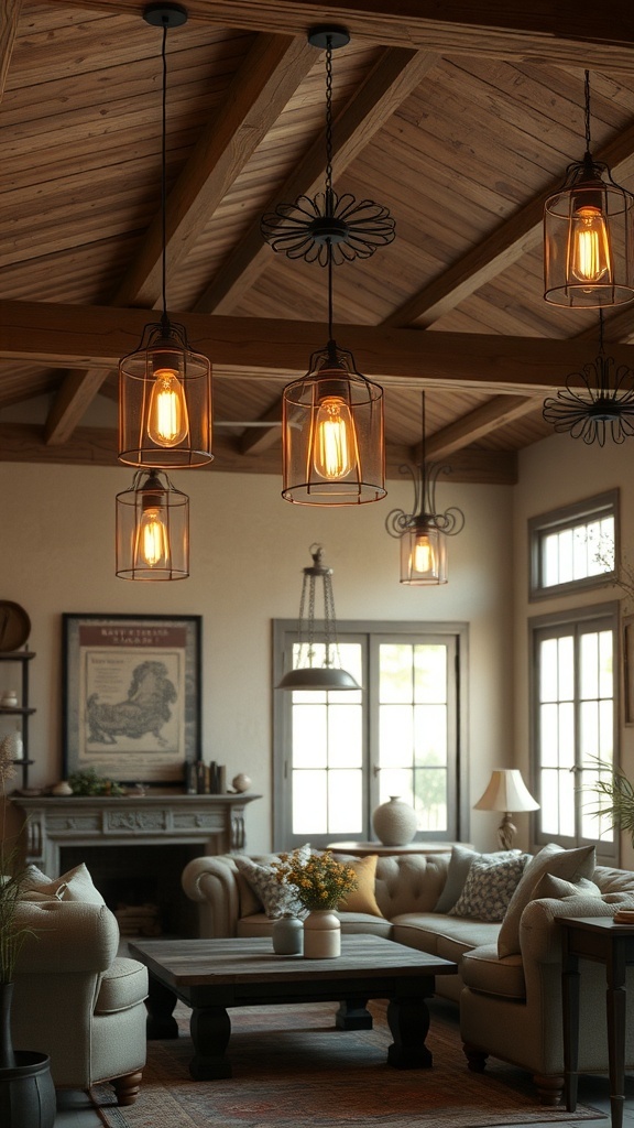 Rustic living room with vintage lighting fixtures hanging from the ceiling.