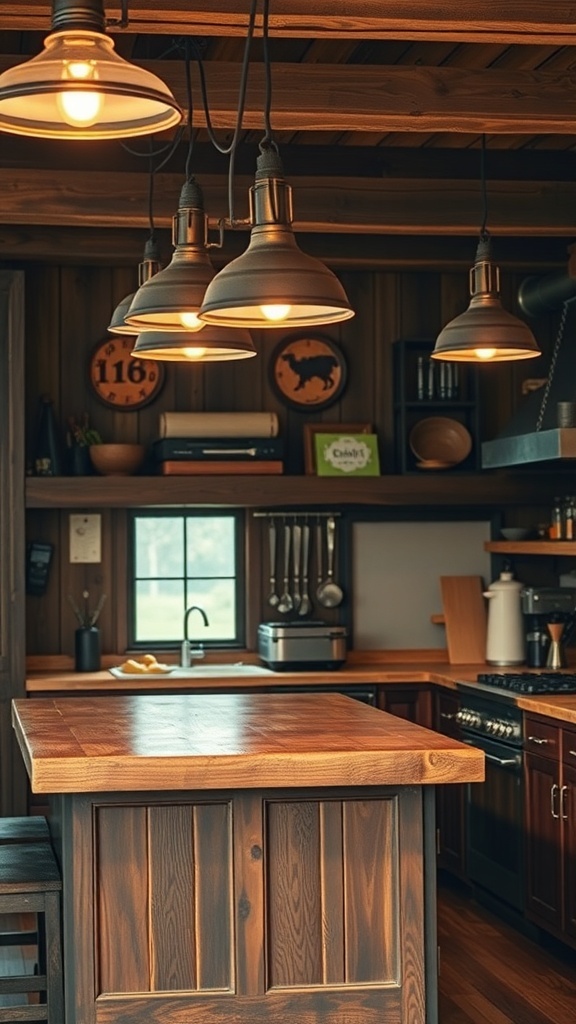 Rustic kitchen with vintage lighting fixtures hanging above a wooden island.