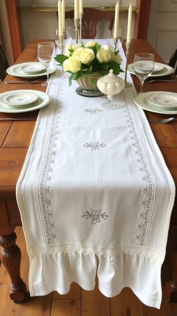 A vintage linen table runner on a wooden dining table, featuring floral designs and letters, with a floral centerpiece and table settings.