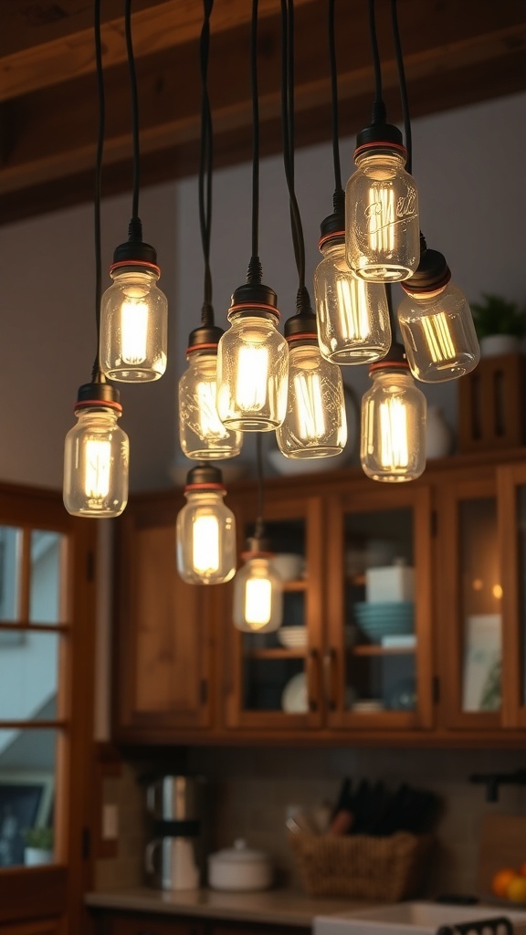 A collection of vintage mason jar light fixtures hanging from the ceiling in a kitchen.