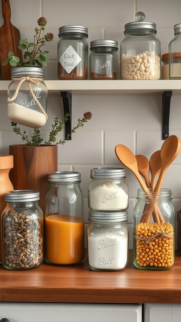 A collection of vintage mason jars filled with various ingredients, displayed on a kitchen shelf.