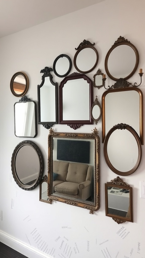 A collection of vintage mirrors in various shapes and sizes on a wall.