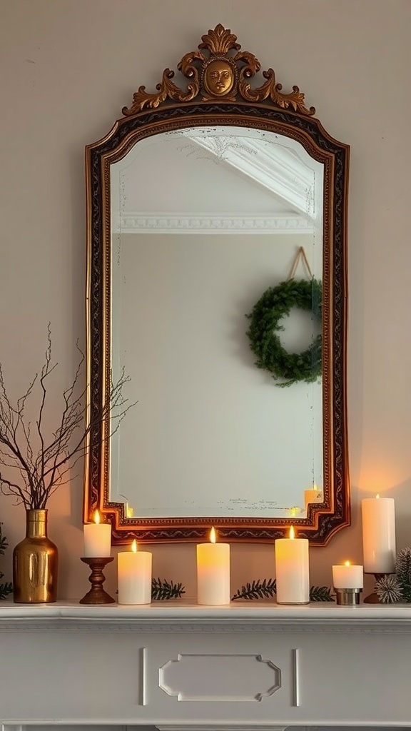 A vintage mirror above a fireplace mantle decorated with candles and a wreath.