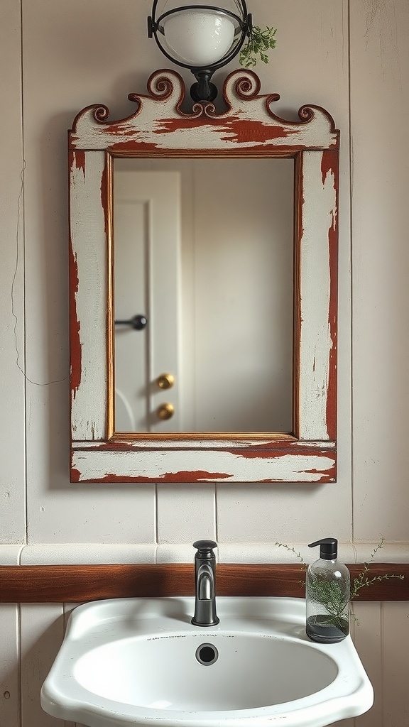A vintage mirror with a distressed frame above a white sink in a rustic bathroom.