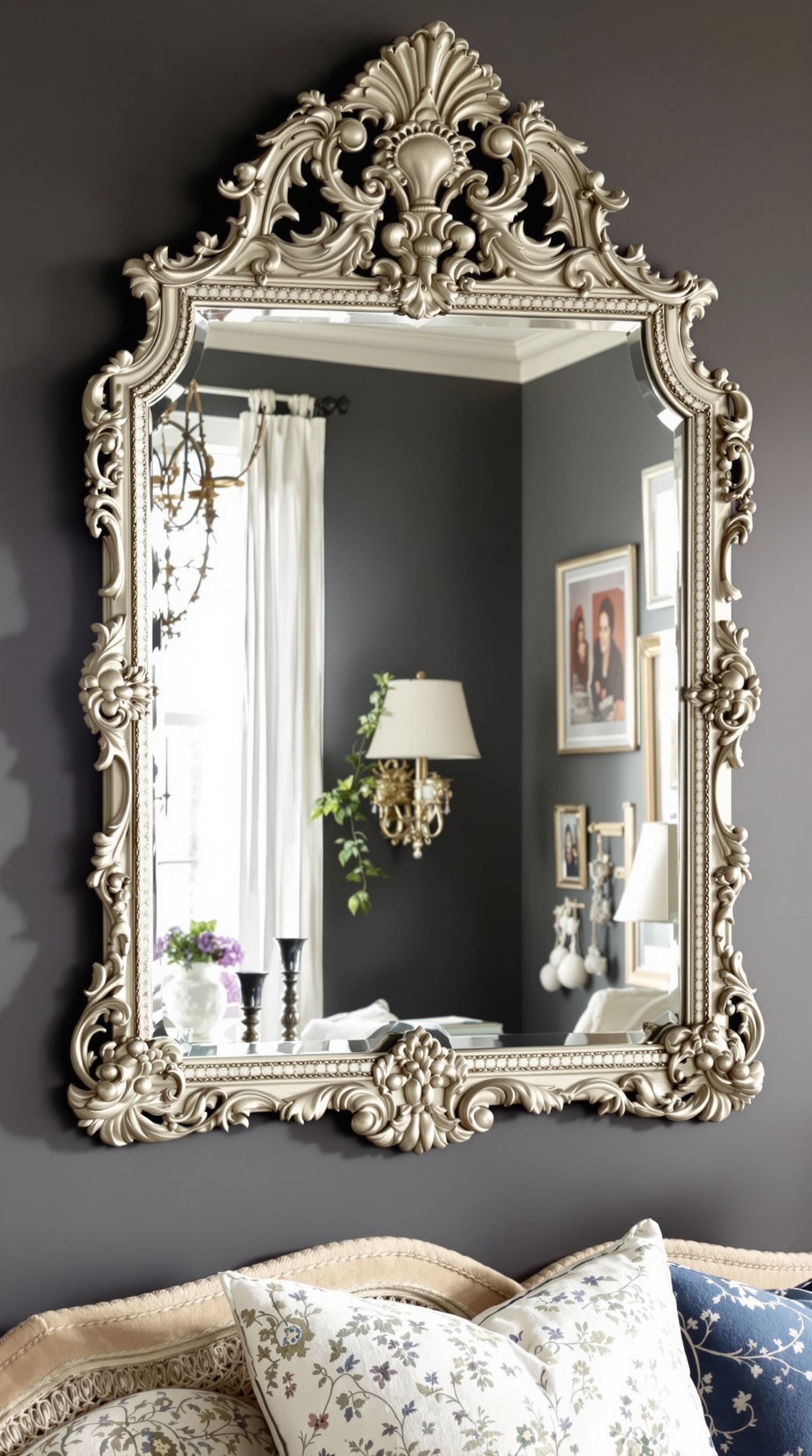 A vintage mirror with an ornate frame hangs above a wooden dresser, surrounded by soft lighting and floral arrangements.