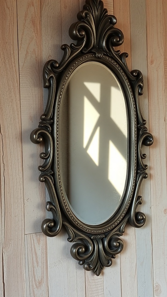 A vintage mirror with an ornate frame reflecting light against a wooden wall.