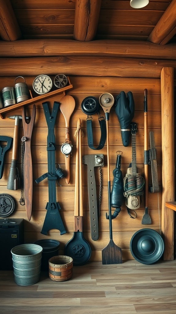 A wall display of vintage mountain gear including tools, clocks, and rustic items in a cabin.