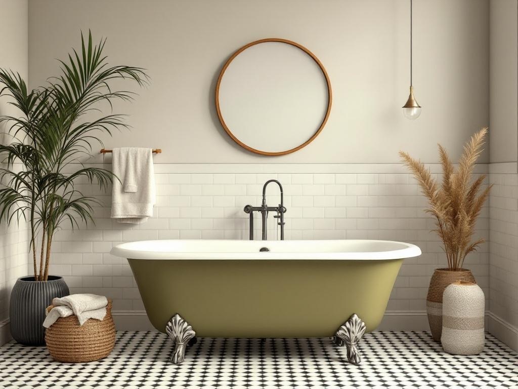 A vintage olive green bathtub with claw feet, surrounded by plants and stylish decor in a bathroom.