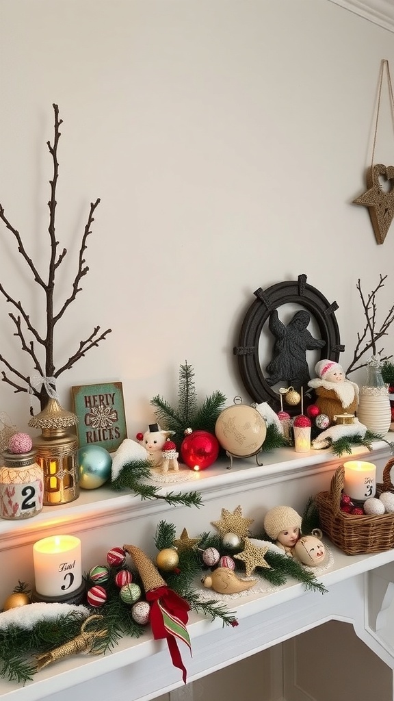 A beautifully decorated winter mantle featuring vintage ornaments, candles, and greenery.