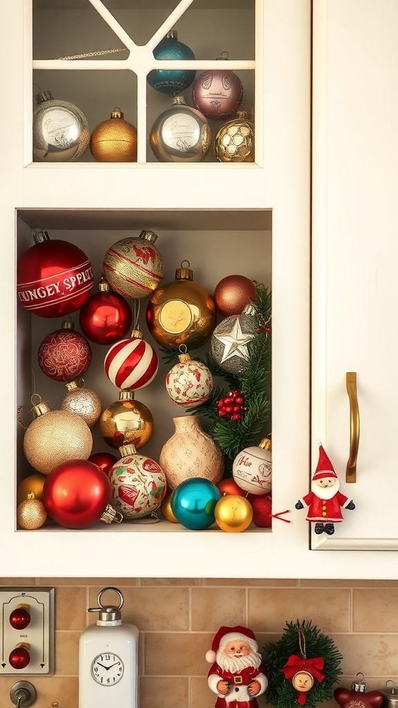 A festive display of vintage Christmas ornaments in a kitchen cabinet, featuring colorful baubles and a small Santa decoration.