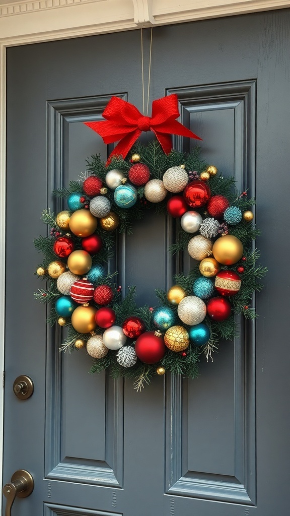 A vintage ornament wreath with red, gold, and turquoise baubles, decorated with a red bow, hanging on a dark door.