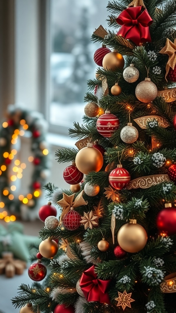 A beautifully decorated Christmas tree with vintage ornaments in red and gold.