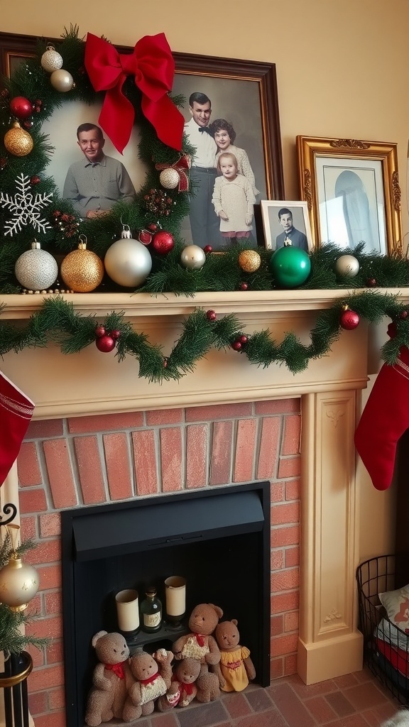 A beautifully decorated fireplace mantel with vintage ornaments, family photos, and festive elements.