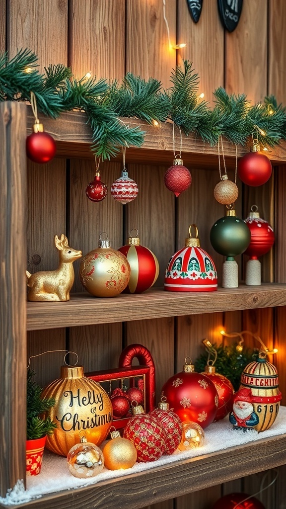 A display of vintage Christmas ornaments on a wooden shelf, featuring various colors and designs, with greenery and warm lights.