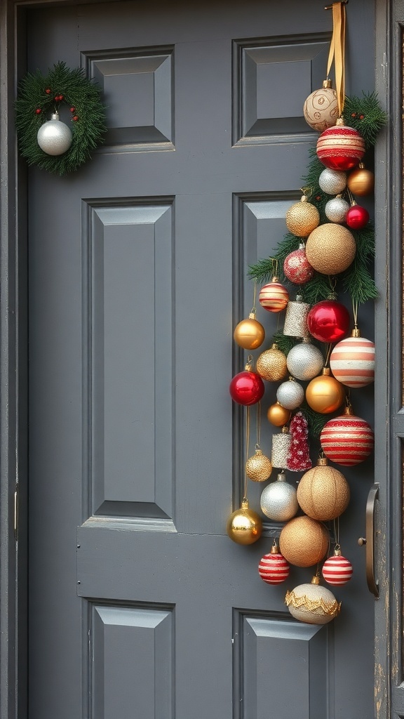 A festive door decorated with vintage Christmas ornaments and a wreath.