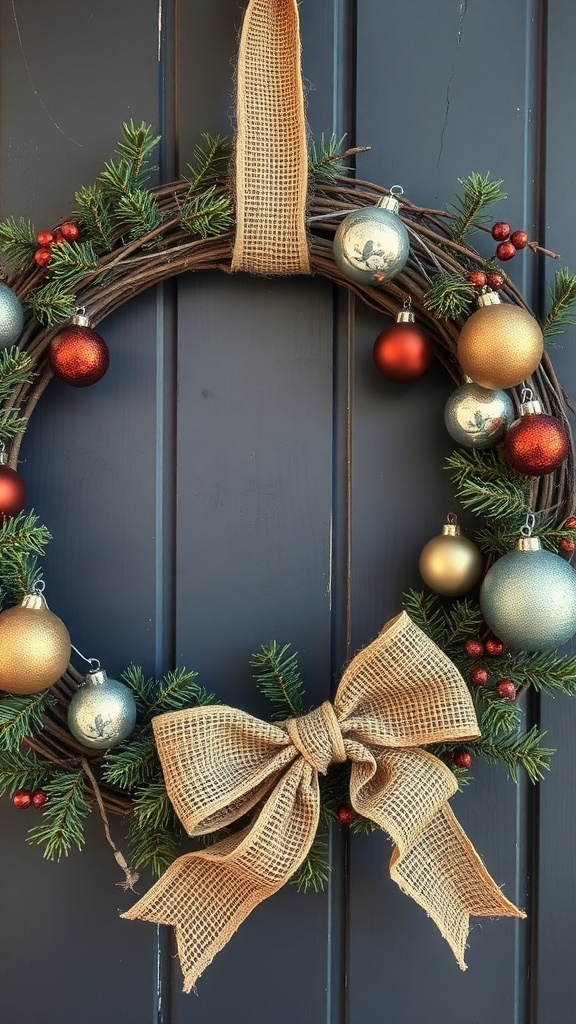 A rustic Christmas wreath featuring vintage ornaments, pine, and a burlap bow.