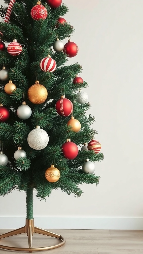 A Christmas tree adorned with vintage-style ornaments in red, gold, and silver.
