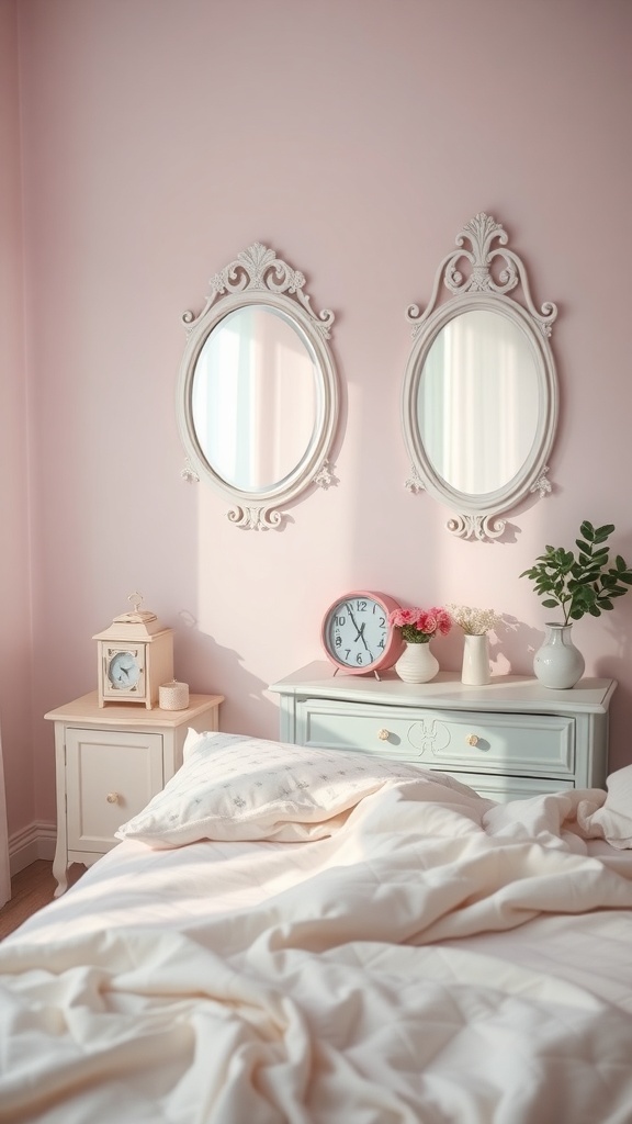 A pastel bedroom featuring vintage accessories like mirrors, a clock, and floral decorations.