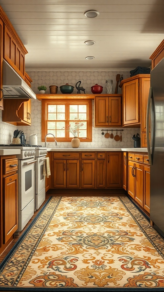 A cozy kitchen featuring a vintage patterned rug, wooden cabinets, and natural light.