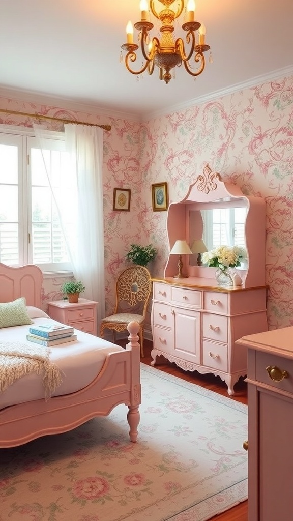 A vintage pink bedroom featuring a pink bed, dresser, and floral wallpaper.
