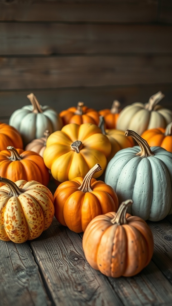 An assortment of vintage pumpkins in various colors and sizes on a wooden surface.