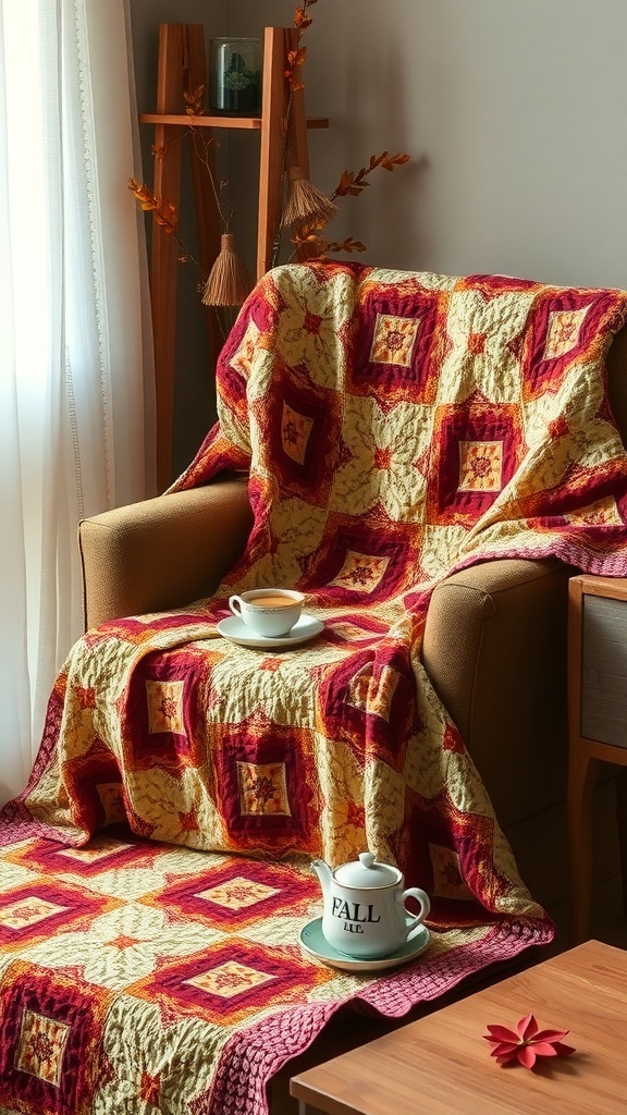 A vintage quilted throw in warm colors draped over a chair with a cup of tea and a teapot beside it.