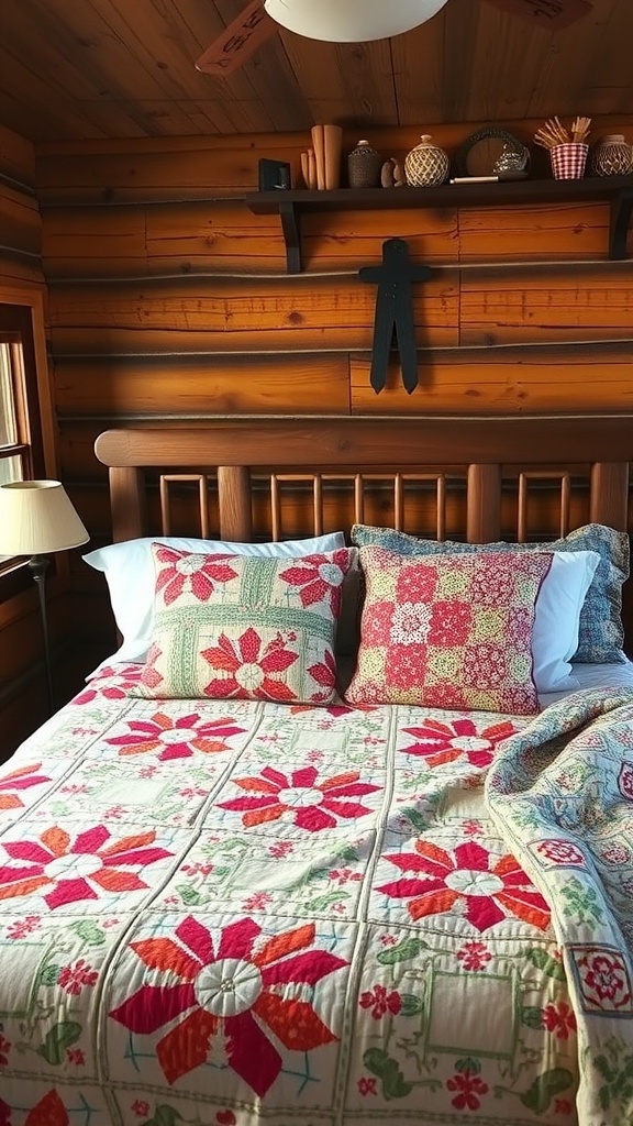 A cozy cabin bedroom featuring a vintage quilt with floral patterns on the bed, surrounded by wooden walls and rustic decor.