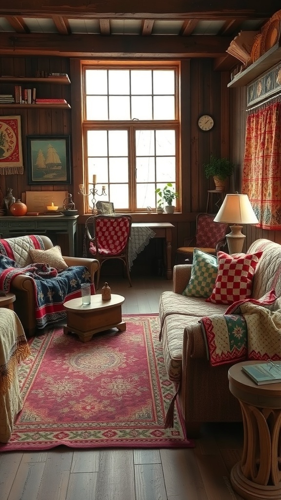 A cozy living room with vintage quilts and throws on the furniture.
