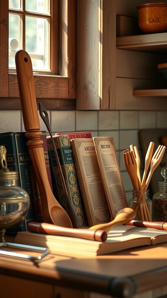 A collection of vintage recipe books and wooden cooking utensils in a cozy farmhouse kitchen.