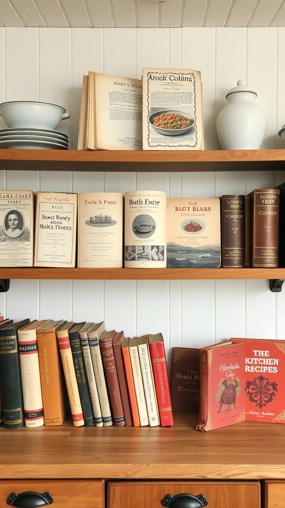 A collection of vintage recipe books on wooden shelves in a farmhouse kitchen.