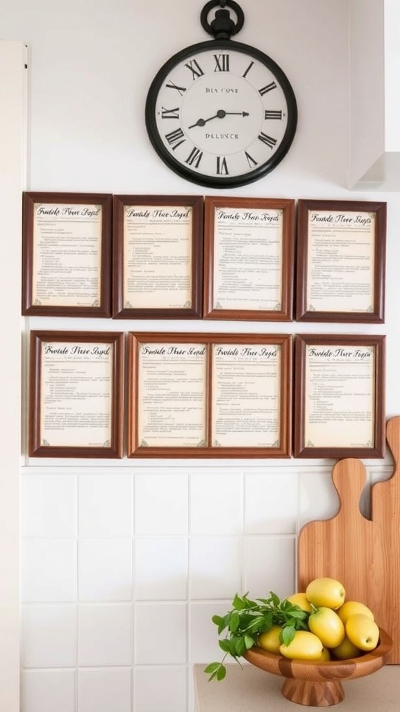 Framed vintage recipe cards displayed on a kitchen wall