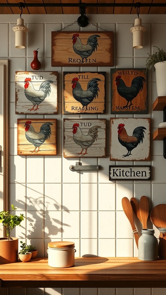 A collection of vintage rooster kitchen signs displayed on a wall.