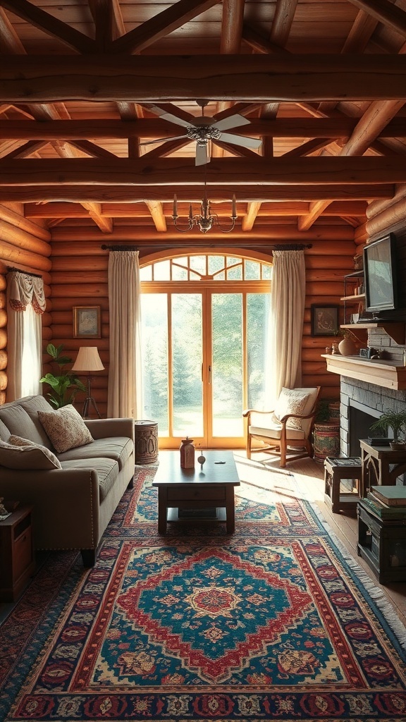 Cozy cabin living room with vintage rug and wooden decor