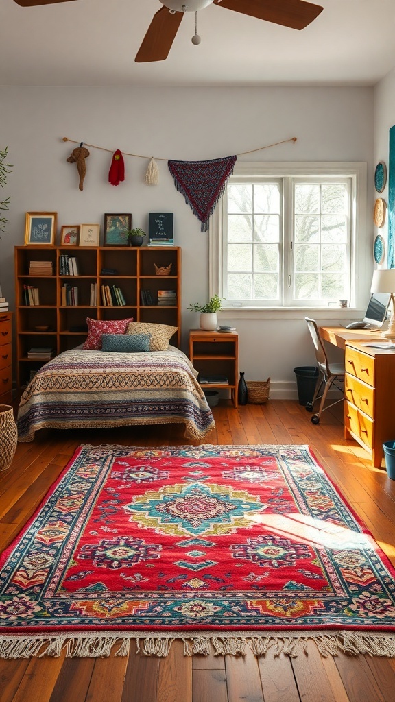 A cozy boho dorm room featuring a vibrant vintage rug, wooden furniture, and colorful decor.