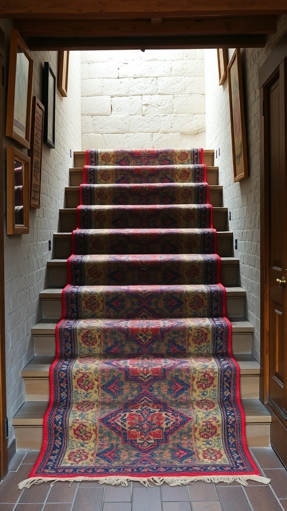 A rustic staircase with a vintage rug laid on the steps, featuring intricate patterns and warm colors.