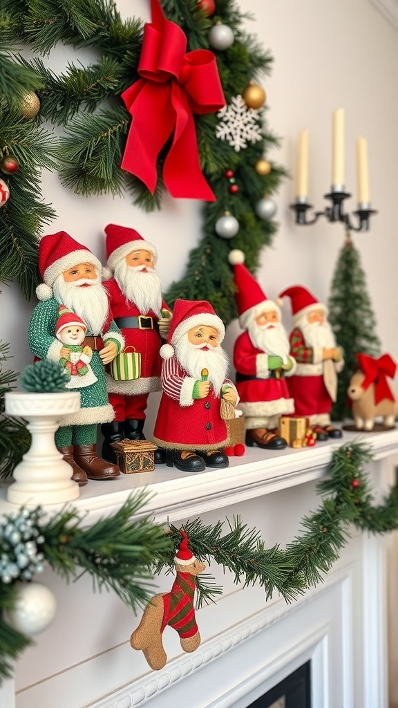 A collection of vintage Santa figurines displayed on a mantel, surrounded by holiday decorations.