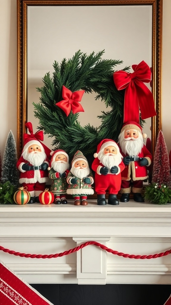 A collection of vintage Santa figurines displayed on a mantel with a wreath and festive decorations.