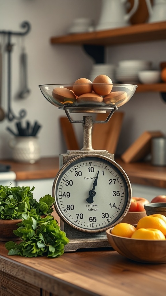 Vintage kitchen scale with eggs and herbs on a farmhouse kitchen counter.
