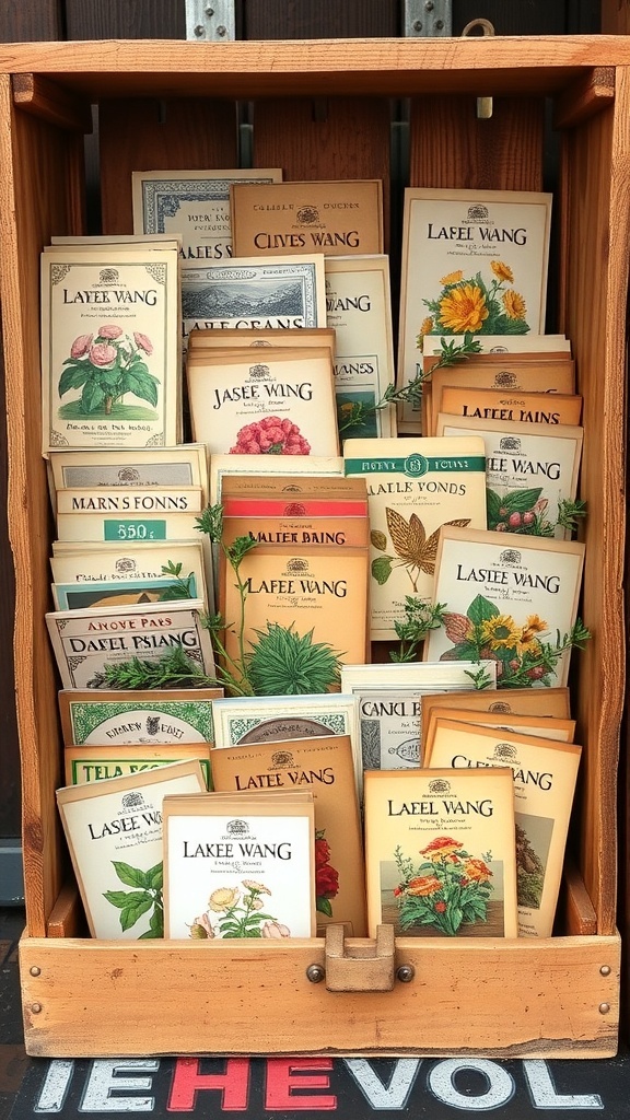 A wooden crate filled with various vintage seed packets, showcasing colorful designs and labels.