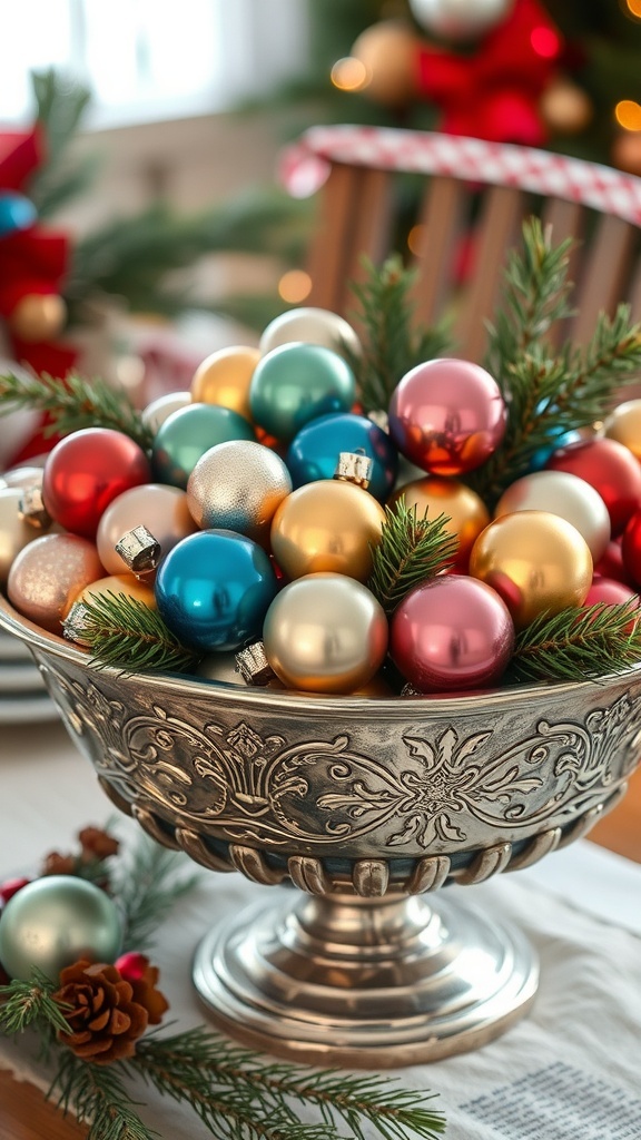 A vintage silver bowl filled with colorful ornaments and greenery, set against a backdrop of a Christmas tree.
